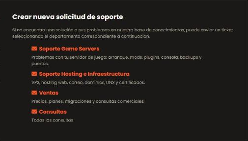 Departamentos para abrir un ticket