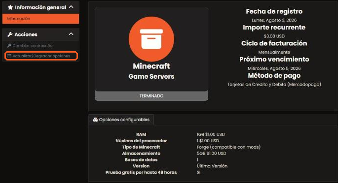 Detalle del servicio con Actualizar/Degradar opciones