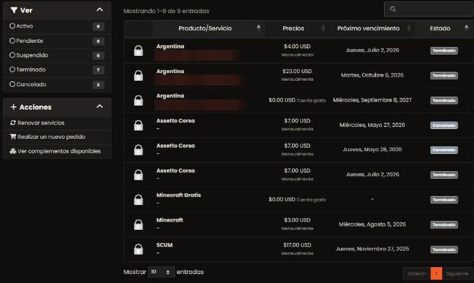 Mis servicios, con el estado de cada servicio