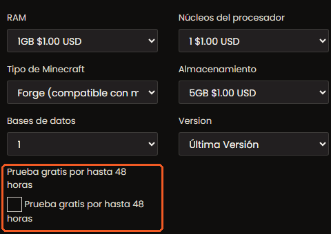Casillero Prueba gratis por hasta 48 horas al configurar el servidor