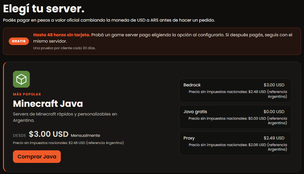 Tienda de Game Servers con el aviso de la prueba de 48 horas