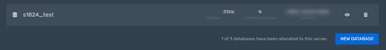 Base de datos creada, con su Endpoint, Connections from y Username